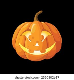 Ilustración vectorial de calabaza de Halloween Jack-o-Lantern. Cara de Goofy tallada con una expresión tonta y juguetona. Decoración divertida, Clipart de Festiva y Diseños festivos. Aislado en un fondo negro