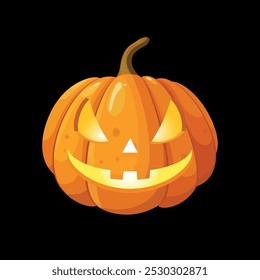 Ilustración vectorial de calabaza de Halloween Jack-o-Lantern. Cara sonriente tallada con una expresión traviesa y siniestra. Decoración espeluznante, Clipart de Festiva y Diseños festivos. Aislado en un fondo negro