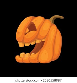 Halloween Kürbis Jack-o-Lantern Vektorgrafik. Schnitziges Grinsen Gesicht mit einem fröhlichen, lustigen Ausdruck und abgerundeten Zähnen, Seitenansicht mit einem fröhlichen Lächeln. Joyful Art einzeln auf schwarzem Hintergrund