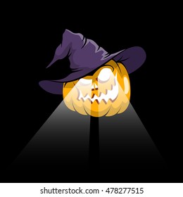 Halloween pumpkin jack-o-lantern in witch hat with eyes spotlights on a dark background. Vector illustration.