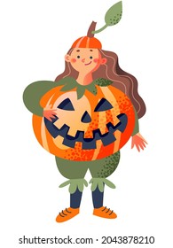 Halloween pumpkin kid character vector illustration. Cartoon funny girl child in orange pumpkin harvest costume for Halloween fun party celebration, autumn traditional holiday isolated on white background