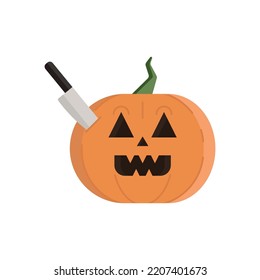 Halloween pumpkin with a knife. on a white background. Holiday concept.