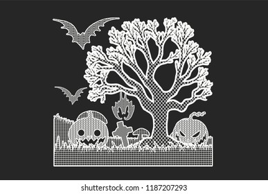 Halloween pumpkin lace vector by hand drawing.Pumpkin silhouette on black background.Trick or treat lace art highly detailed in line art style.