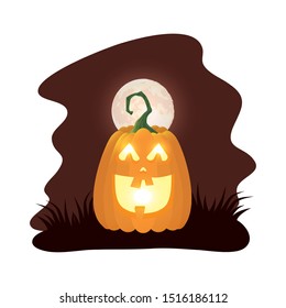 halloween pumpkin lamp with face at night character vector illustration design
