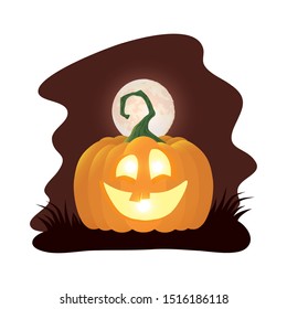 halloween pumpkin lamp with face at night character vector illustration design