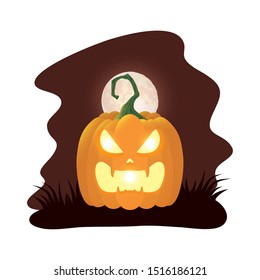 halloween pumpkin lamp with face at night character vector illustration design