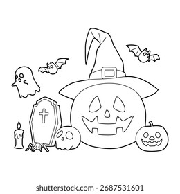 halloween with pumpkin, lantern, hat ghosts and spooky
