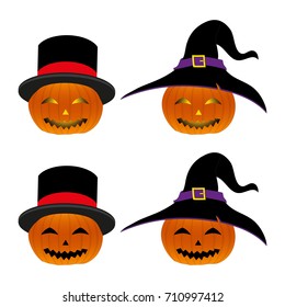 Halloween Pumpkin Lantern with Magician Hat and Witch Hat. isolated on White Background. Vector Illustration.