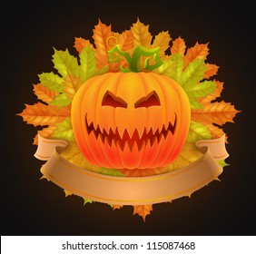halloween pumpkin lantern with maple leaves and ribbon