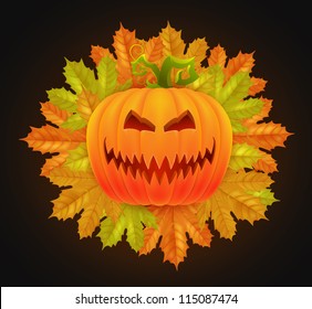 halloween pumpkin lantern with maple leaves