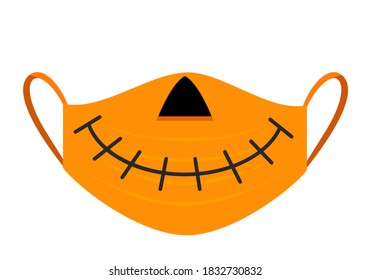 halloween pumpkin lantern medical mask halloween stay at home concept and covid19. vector illustration isolated on white background