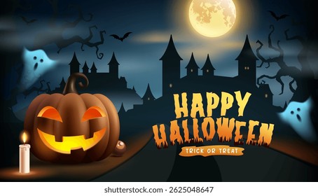 Halloween pumpkin lantern with medieval castle on background. Halloween greeting background