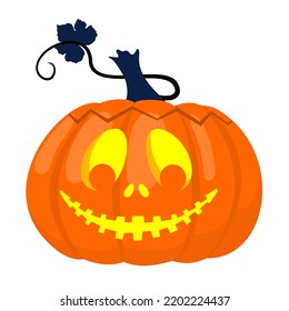 Halloween Pumpkin Lantern With A Naughty Face And A Leaf. Vector Illustrated Element.