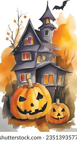 Halloween pumpkin lantern and old castle. Happy Halloween, watercolor  illustration