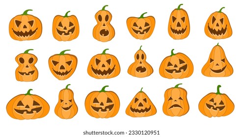 Halloween calabaza linterna vectores 18 íconos, Emotion Variation. Elementos sencillos de diseño de estilo plano. Conjunto de siluetas espeluznantes imágenes de horror de calabazas. Aterradoras expresiones faciales Jack-o-lantern