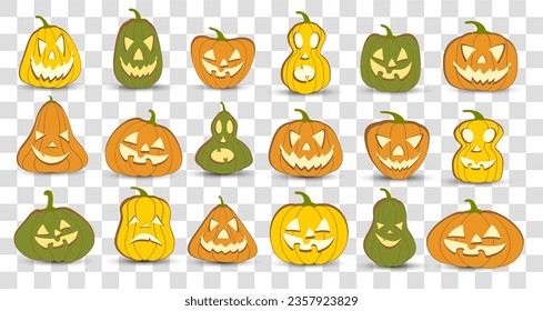 Halloween pumpkin lantern vector 18 icons set, Emotion Variation. Simple flat style design elements. Set of silhouette spooky horror images of pumpkins. Scary Jack-o-lantern facial expressions