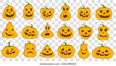 Halloween pumpkin lantern vector 18 icons set, Emotion Variation. Simple flat style design elements. Set of silhouette spooky horror images of pumpkins. Scary Jack-o-lantern facial expressions