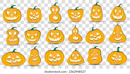 Halloween pumpkin lantern vector 18 icons set, Emotion Variation. Simple flat style design elements. Set of silhouette spooky horror images of pumpkins. Scary Jack-o-lantern facial expressions