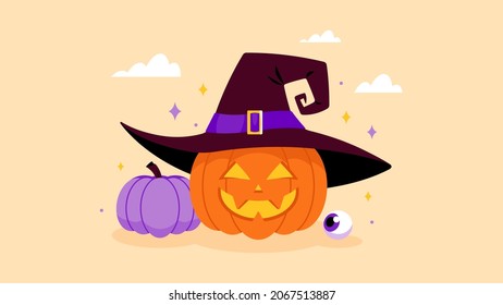 Halloween pumpkin. Lantern Pumpkin in witch hat. Halloween concept. Orange pumpkin with carving face and scary decorative elements. Festive vector illustration in modern style.