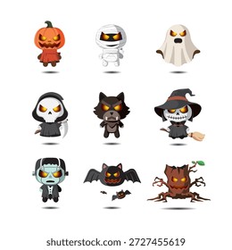 Halloween, pumpkin lantern,ghost, mummy, skeleton, Grim Reaper, werewolf, witch, witch hat, broom, vampire, zombie, monster, bat, black cat, spooky, creepy, eerie, dark, costume, festival, horror, cartoon style