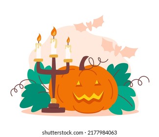 Halloween pumpkin lanterns and a candlestick