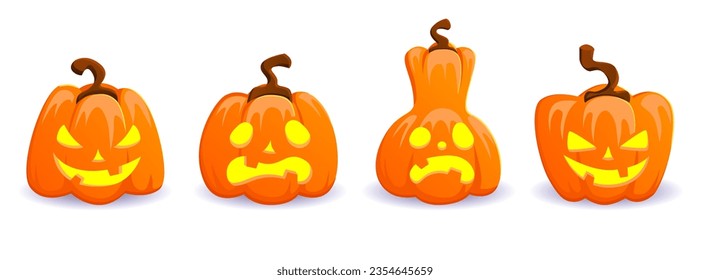 Halloween pumpkin lanterns, cartoon Jack O Lantern characters, evil symbol of Halloween holiday, decorations, design elements, stickers on a white background.