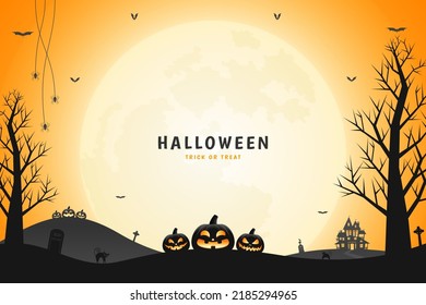 Halloween pumpkin lanterns, haunted house and spooky trees with orange sky and moonlight background.