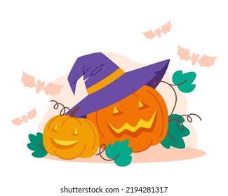 Halloween pumpkin lanterns in a witch's hat for card or poster
