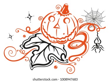 Halloween pumpkin with leaf, spider  and stars. 