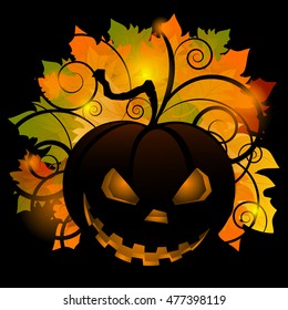 Halloween pumpkin with leafs holiday background illustration