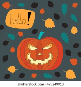 Halloween pumpkin with leaves in background