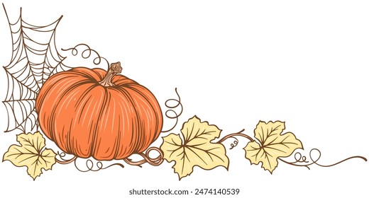 calabaza de halloween con hojas. Ilustración vectorial de elemento de acción de gracias de calabaza