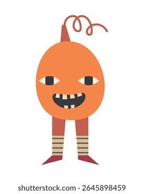 Halloween pumpkin with legs and eyes. Cheerful creepy character in striped socks. Ideal for holiday children's design