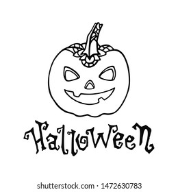 Halloween Pumpkin. Lettering Halloween. Black and white doodle linear sketch. Vector illustration. Hand drawing cartoon illustration on white background
