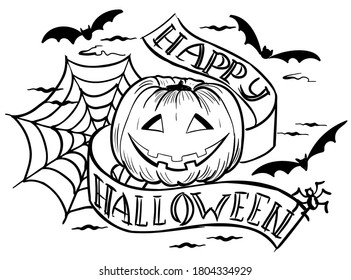 Halloween pumpkin and lettering isolated on white background, hand drawn, trandy sketch style, vector illustration. Suitable for greeting cards and posters and web design.