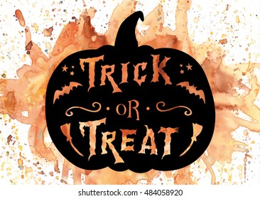 Halloween pumpkin lettering watercolor splash. Trick or treat