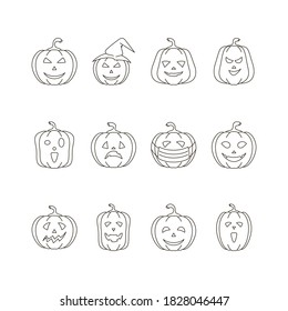 Halloween pumpkin line art icon set. Holiday concept. Vector sign for design.