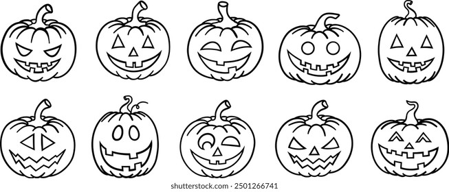 Halloween pumpkin line art vector clip art set, isolated