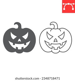 Línea de calabaza de Halloween e ícono de glifo, celebración y vacaciones, icono del vector de linterna de horror, gráficos de vector de glotonería, símbolo de contorno de trazo editable, eps 10.