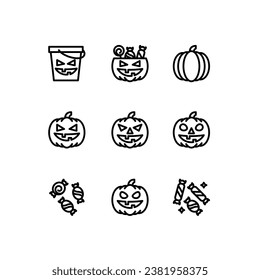 Halloween Pumpkin line icons collection. Pumpkin, Sweets, Candies Icon for the celebration on October 31. Creepy Horror Outline Pictogram.Vector illustration. 