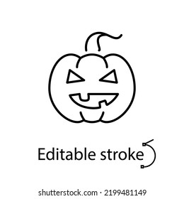 Halloween pumpkin linear icon. Happy halloween design. Season october holiday. Customizable symbol. Scary party decoration. Editable stroke. Isolated vector stock illustration