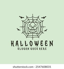 Halloween pumpkin logo vector line illustration with minimalist design with spider web and bats