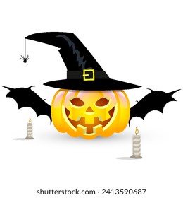 Halloween Pumpkin with magic hat and bat wings and candles, vector art illustration.