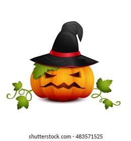 Halloween Pumpkin with Magic Hat on a White Background. Illustration for your Design for Halloween. Vector EPS10.