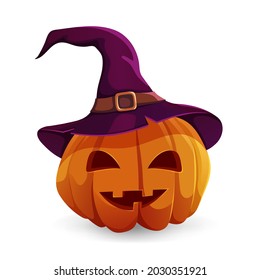 Halloween pumpkin in a magic hat. Orange Pumpkin  on white background with smile for your design for the holiday Halloween. Vector illustration. 