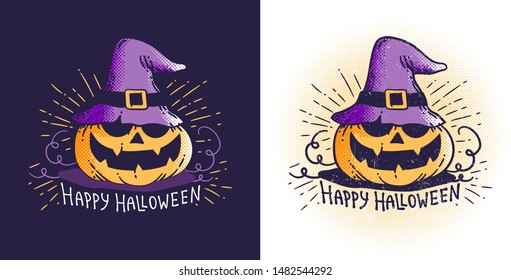 Halloween pumpkin in a magic hat that says happy Halloween. Vector vintage illustration. Worn texture on a separate layer.