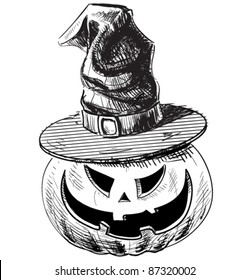 Halloween pumpkin in magic witch hat with evil scary smile in funny hand drawing doodle sketch style.