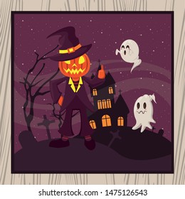 Halloween pumpkin man with ghosts in haunted house cartoons ,vector illustration graphic design.