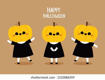 Halloween Pumpkin mascot. Cute cartoon vegetable vector character set isolated on Brown.