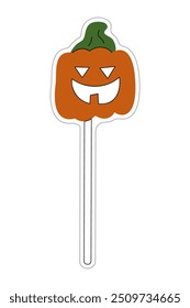 Halloween pumpkin mask on a stick sticker. Color flat vector illustration.